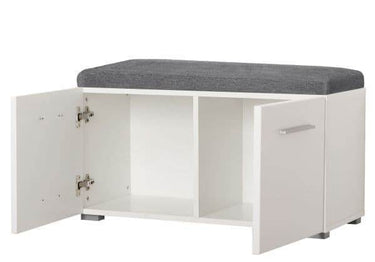 Elegant Beny White High Gloss Hallway Shoe Storage Bench with Grey Cushion Seat - UK Luxury Furniture